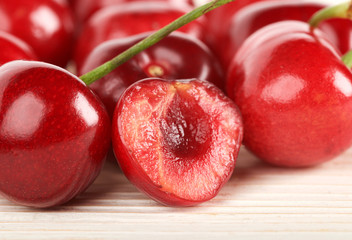 cherries on wooden background