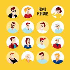 Vector flat people portraits. Smiling human icon. Human avatar. Simple cute characters. Cute friendly people. Profession icon.