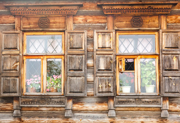 Russian wooden architecture. Traditional Russian wooden house wi