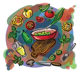 watercolor sketch of a set of ingredients for salad