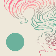 Profile of beautiful girl with long wavy hair. Colorful background in linear style with gradient. Hand drawn vector illustration isolated on beige background. Card for beauty salon, hair salon and spa