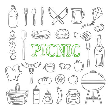 Picnic Doodle Illustrations. Hand Drawn Picnic Icons. Food And Drink Doodles