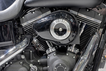 Detail of air cooled twin engine of motorcycle