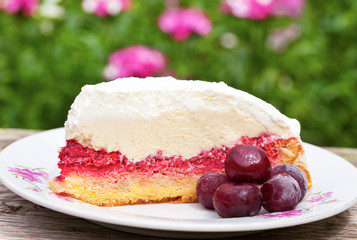 Homemade cherry cake with frozen cherries and vanilla cream