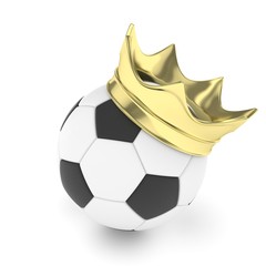 Soccer  ball with golden royal crown is a symbol of competition and winner's trophy on white. 3D rendering.