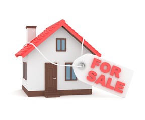 Miniature model of house real estate for sale label on white background. 3D rendering.