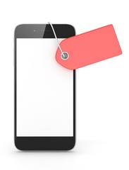 Smart phone with red price tag on white background. Identification, price, label. 3D rendering.
