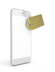 White smart phone with golden price tag on white background. Identification, price, label. Luxury and expensive offer. 3D rendering.