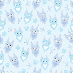Background cute cartoon owl and cat. Background adorable owl and cat, paw prints and claws. Background for children, baby. Blue Background for boy.