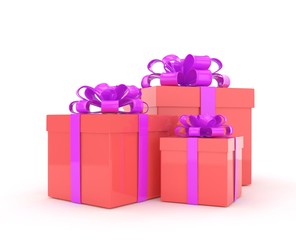 three gift boxes with bows isolated on white. 3d rendering.