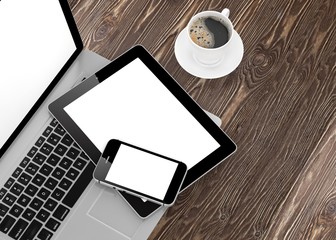 Laptop, phone, tablet pc and coffee. 3d rendering.