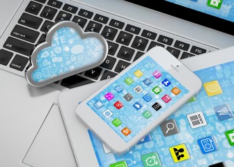 laptop, tablet pc, smart phone and cloud. 3d rendering.