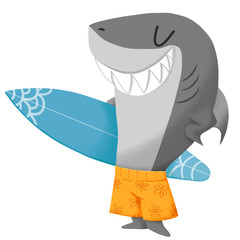 Naklejka premium Creative Illustration and Innovative Art: Shark Surfer. Realistic Fantastic Cartoon Style Artwork Scene, Wallpaper, Story Background, Card Design 