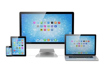 Ultimate web design, laptop, smartphone, tablet, computer, display. 3d rendering.