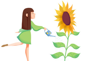 Creative Illustration and Innovative Art: A Graceful Girl Watering a SunFlower isolated on White Background. Realistic Fantastic Cartoon Style Artwork Scene, Wallpaper, Story Background, Card Design