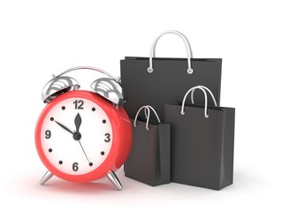 alarm clock and shopping bag (time to buy concept). 3d rendering.