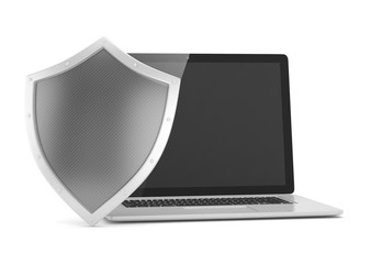 Laptop and shield on white, computer security concept. 3d rendering.