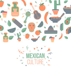 Mexican culture logo for labels, emblems and badges, set of vector design elements. Sombrero and maracas, mexican guitar, tequila bottle, taco logo.