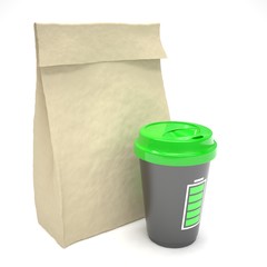 Coffee to go and lunch bag, on white. 3d rendering.