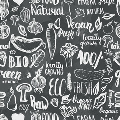 Hand drawn eco food seamless pattern with lettering for organic, bio, natural, vegan, food on dark background