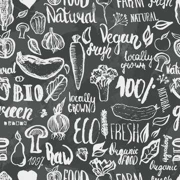 Hand drawn eco food seamless pattern with lettering for organic, bio, natural, vegan, food on dark background