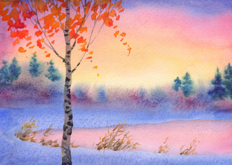 Obrazy na Szkle  Akwarela zimowy krajobraz. Wieczorne niebo nad jeziorem