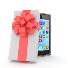 Smartphone in gift box. Isolated on white background. 3d rendering.