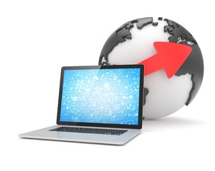 Laptop network and earth globe. 3d render