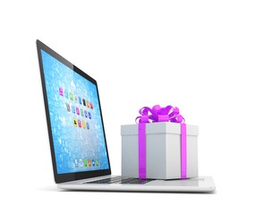 Gift box with ribbon on laptop keyboard. 3d rendering.
