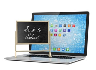 Laptop with chalkboard, back to school, online education concept. 3d rendering.