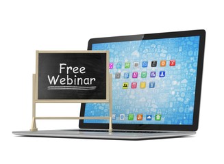 Laptop with chalkboard, free webinar, online education concept. 3d rendering.