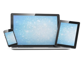 laptop, tablet, phone, on white. 3d rendering.