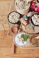 Cooked millet seeds with milk and sugar.