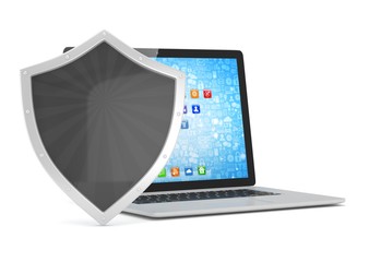 Laptop and shield on white, computer security concept. 3d rendering.