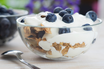 Close up of fitness muesli with yogurt and blackberry