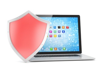 Laptop and shield on white, computer security concept. 3d rendering.