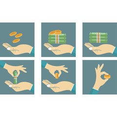 Set hand holding money and coins on a white background. Set hand with money transactions eps