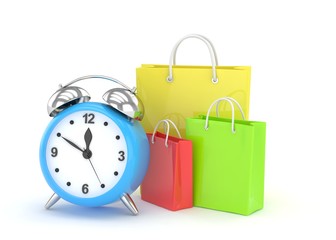 alarm clock and shopping bag (time to buy concept). 3d rendering.