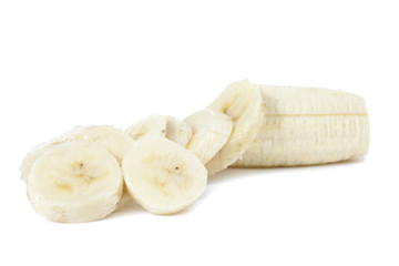 close-up of banana slices on white.