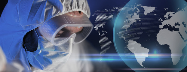 close up of scientist face in chemical lab