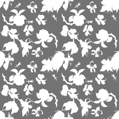 strawberry, flowers, leaves, pattern, illustration