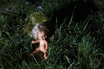 Scary doll. Child abuse. Crime scene