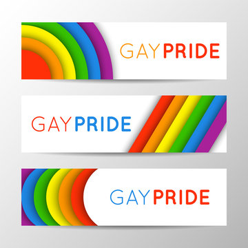 Set of modern colorful horizontal banners for Pride Month. Vector illustration in LGBT colors. Gay culture symbol, rainbow text. Gay Pride. Can be used in a web design. 