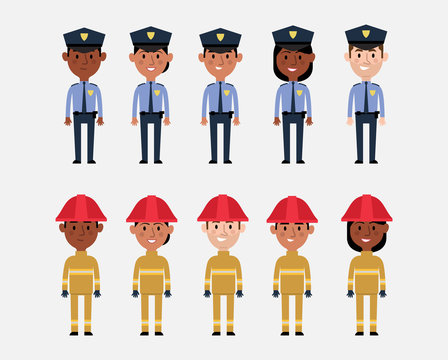 Illustrations Of Occupations In USA Police And Fire Services