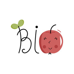 Organic food label isolated on white background. Logo for vegan menu or food. Cute cartoon vector illustration.