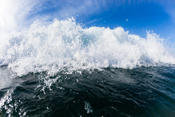 Wave Swimming inside ocean blue water crashing closeup.