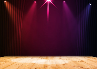 Colorful light on wood stage background