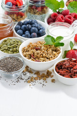 foods for healthy nutrition and breakfast on white background