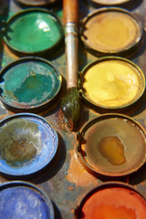 Paints and childish painting equipment, Watercolors and brushes, Colorful water paint, water color paints