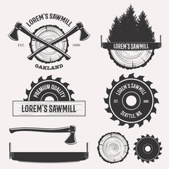 Vintage sawmill logo set labels badges and design elements isolated on white background